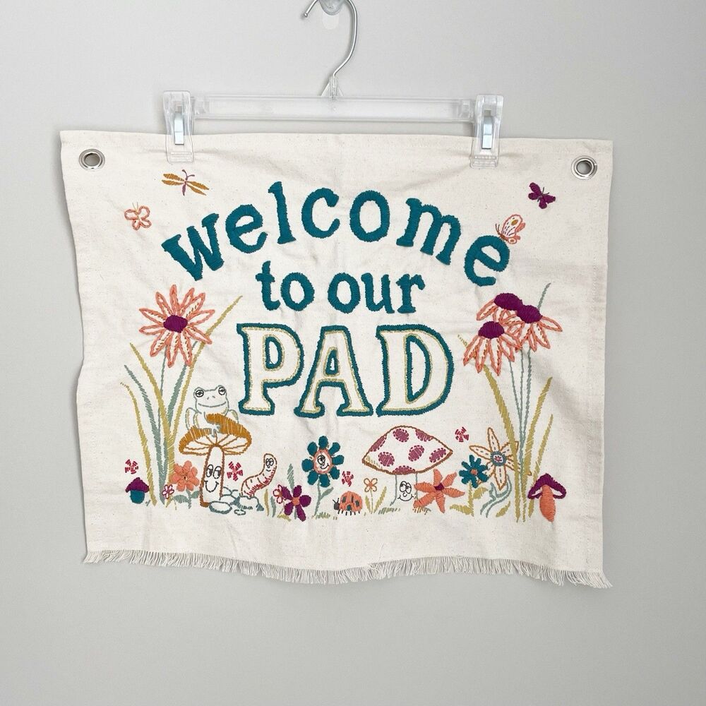 Urban Outfitters Embroidered Tapestry Welcome To Our Pad Mushrooms Flowers
